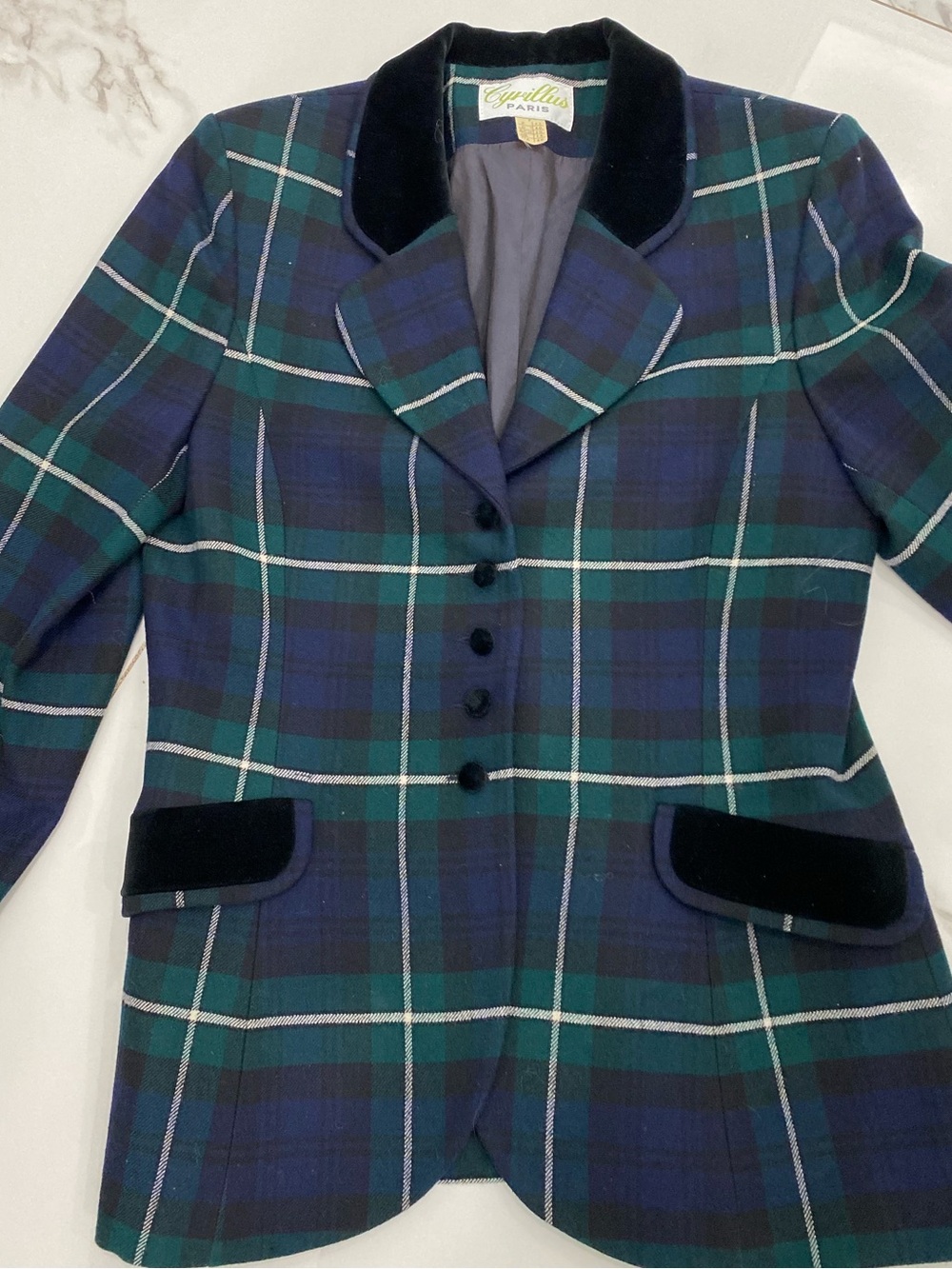 Cyrillus Green and Navy Vintage Plaid Velvet-Trim Blazer